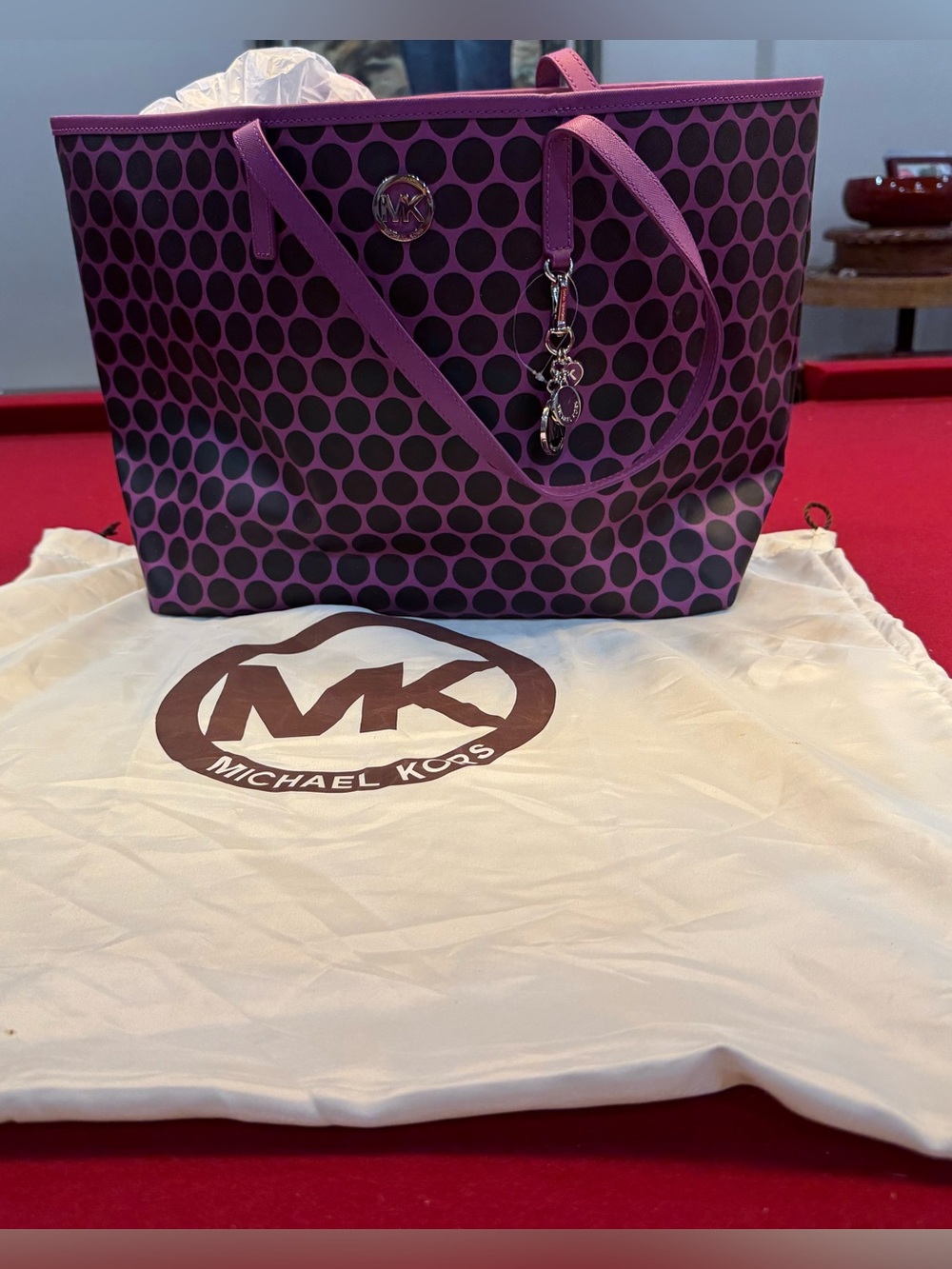 NWT Michael Kors Kiki Large Tote Bag Pomegranate Purple Black Polka Dot Charm